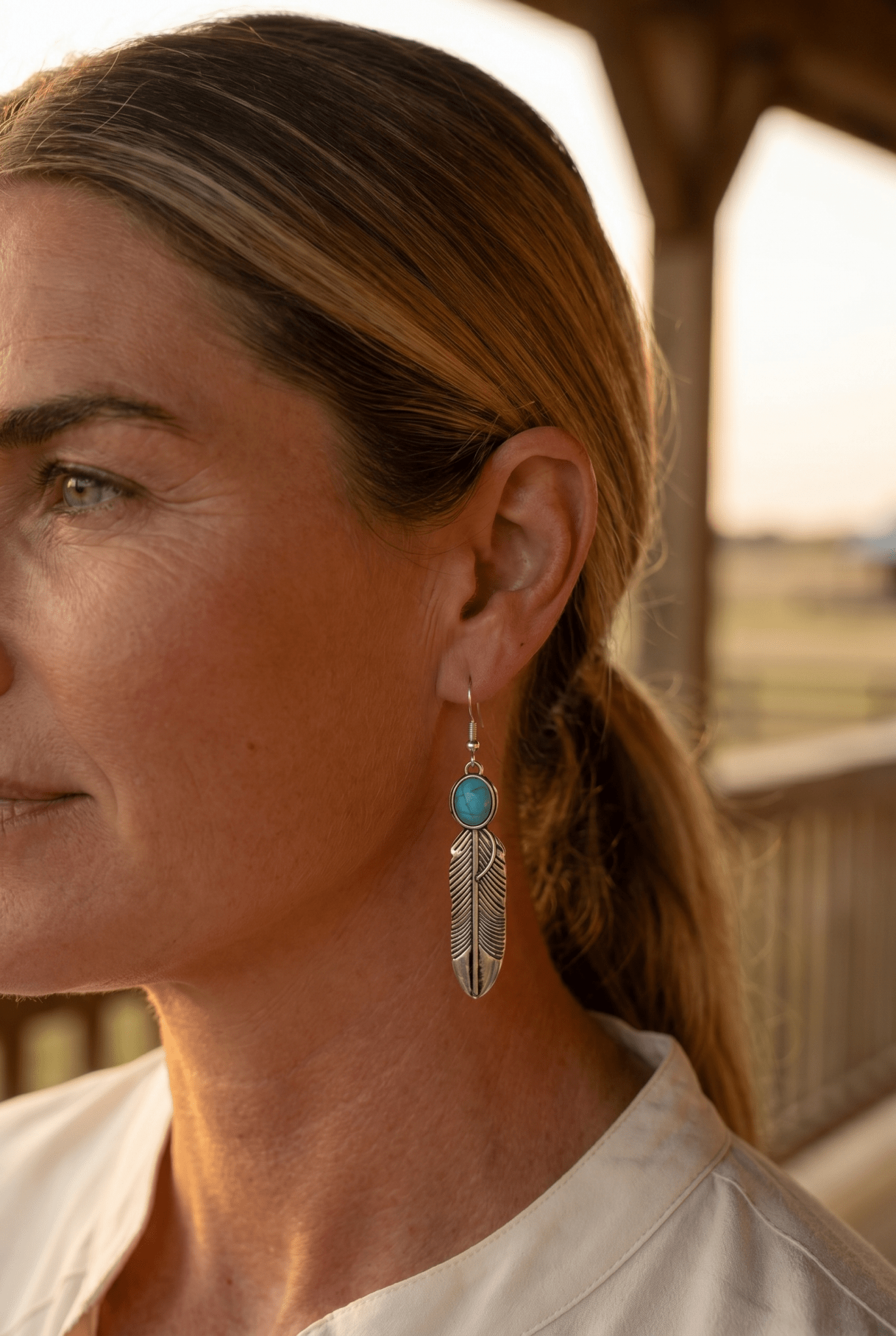 Western Feather Earrings with Faux Turquoise — 2" Drop - Rooted & Reckless Co.