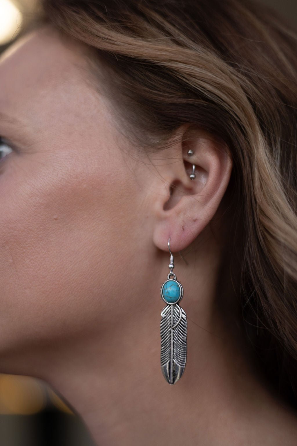 Western Feather Earrings with Faux Turquoise — 2" Drop - Rooted & Reckless Co.