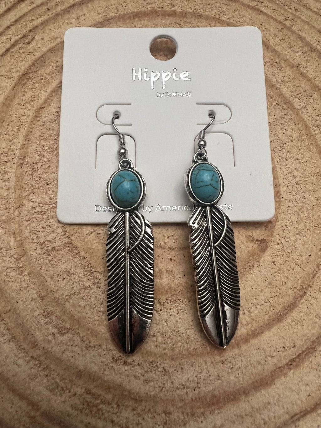 Western Feather Earrings with Faux Turquoise — 2" Drop - Rooted & Reckless Co.