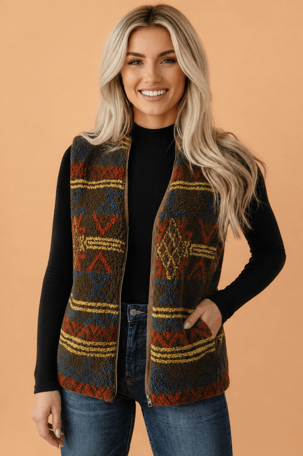 Western Fleece Pocketed Zip Up Sleeveless Vest - Rooted & Reckless Co.