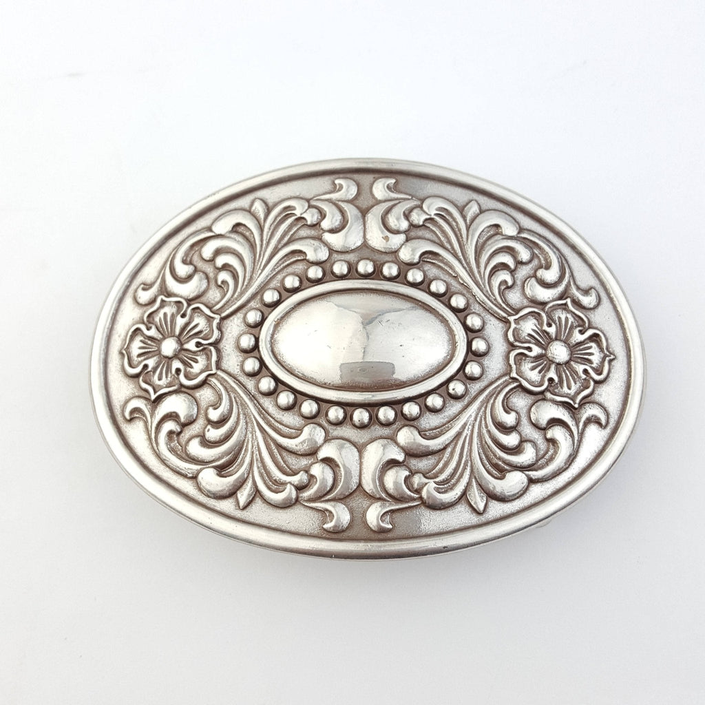 Western Floral Etched Belt Buckle — Premium Silver Plating with Intricate Floral Etching - Rooted & Reckless Co.