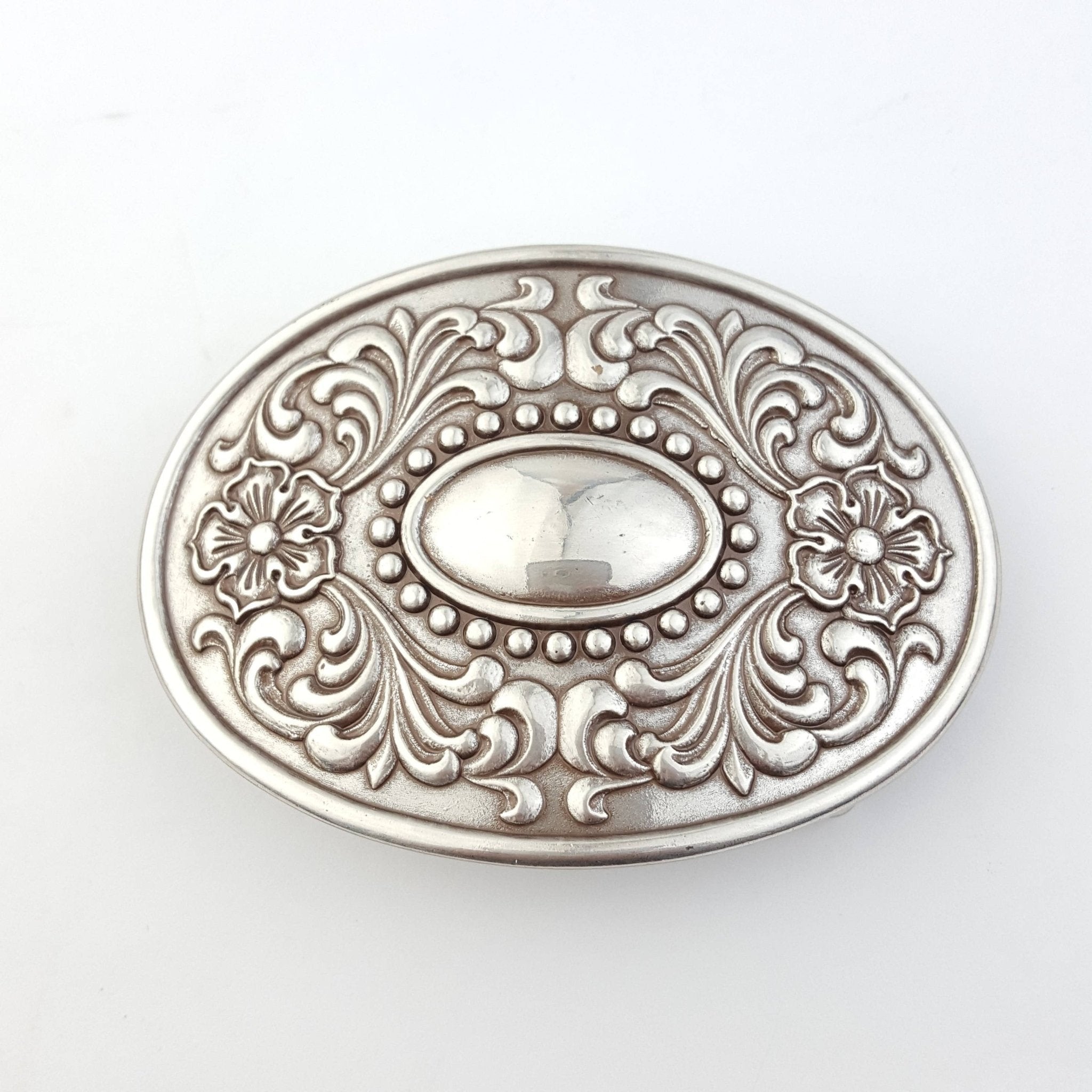 Western Floral Etched Belt Buckle — Premium Silver Plating with Intricate Floral Etching - Rooted & Reckless Co.