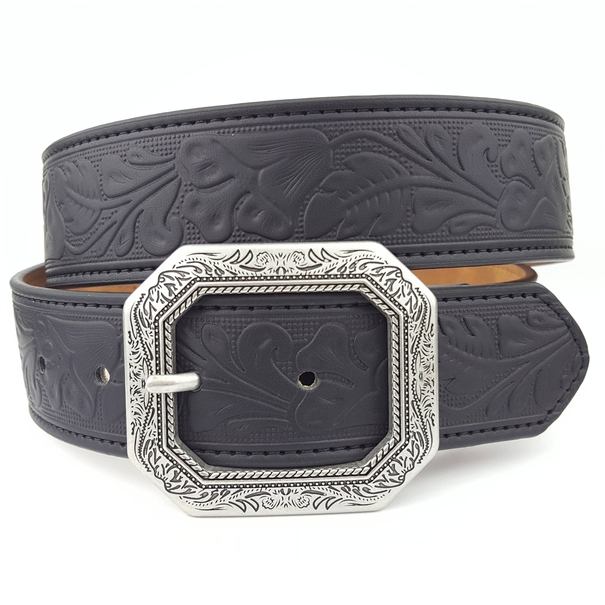 Western Floral Etched Buckle Belt — Square Buckle with Embossed Floral Strap - Rooted & Reckless Co.