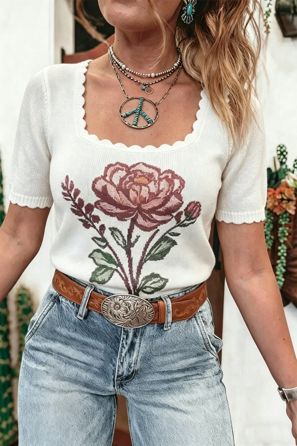 Western Floral Scalloped Square Neck Knit Top - Rooted & Reckless Co.