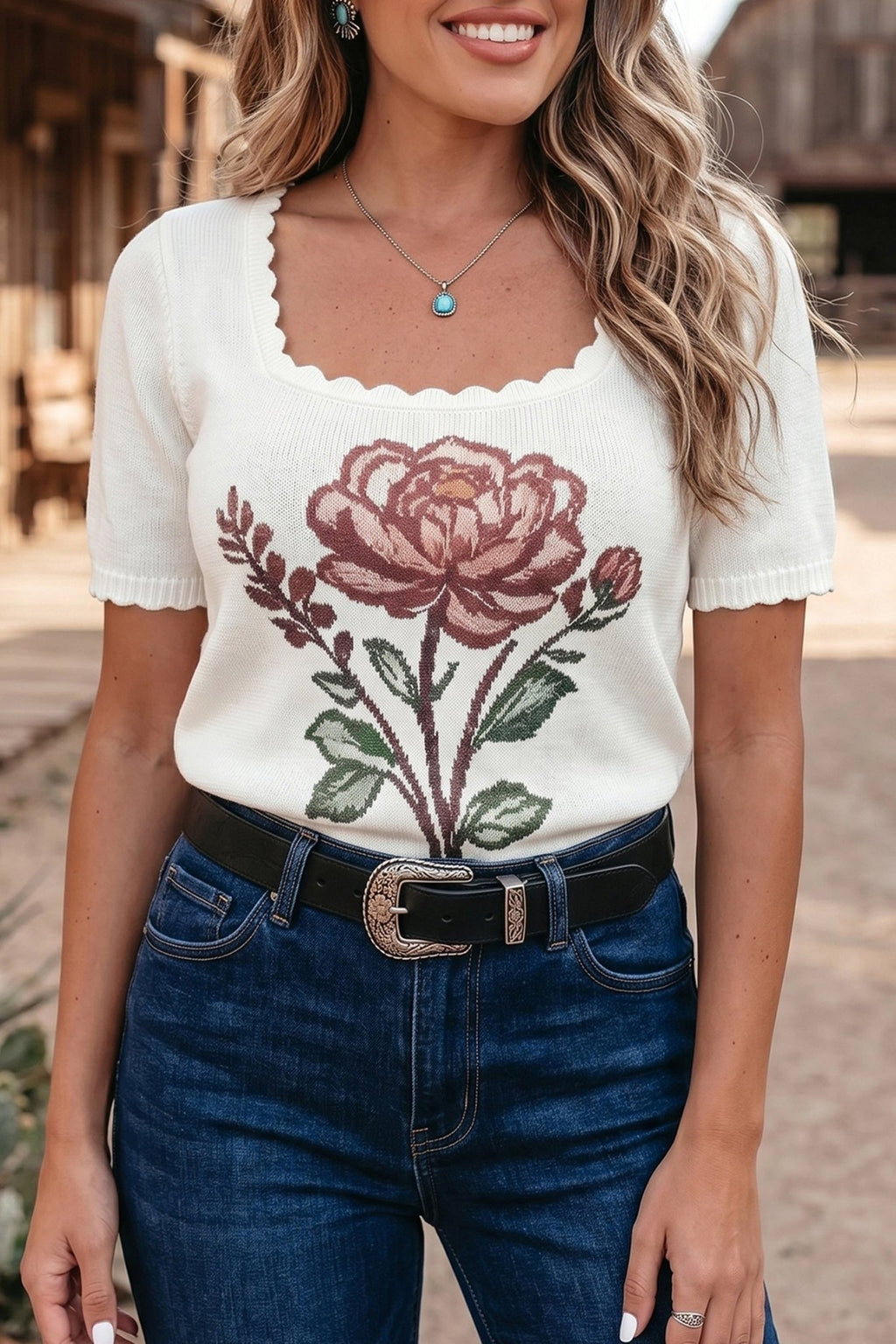 Western Floral Scalloped Square Neck Knit Top - Rooted & Reckless Co.