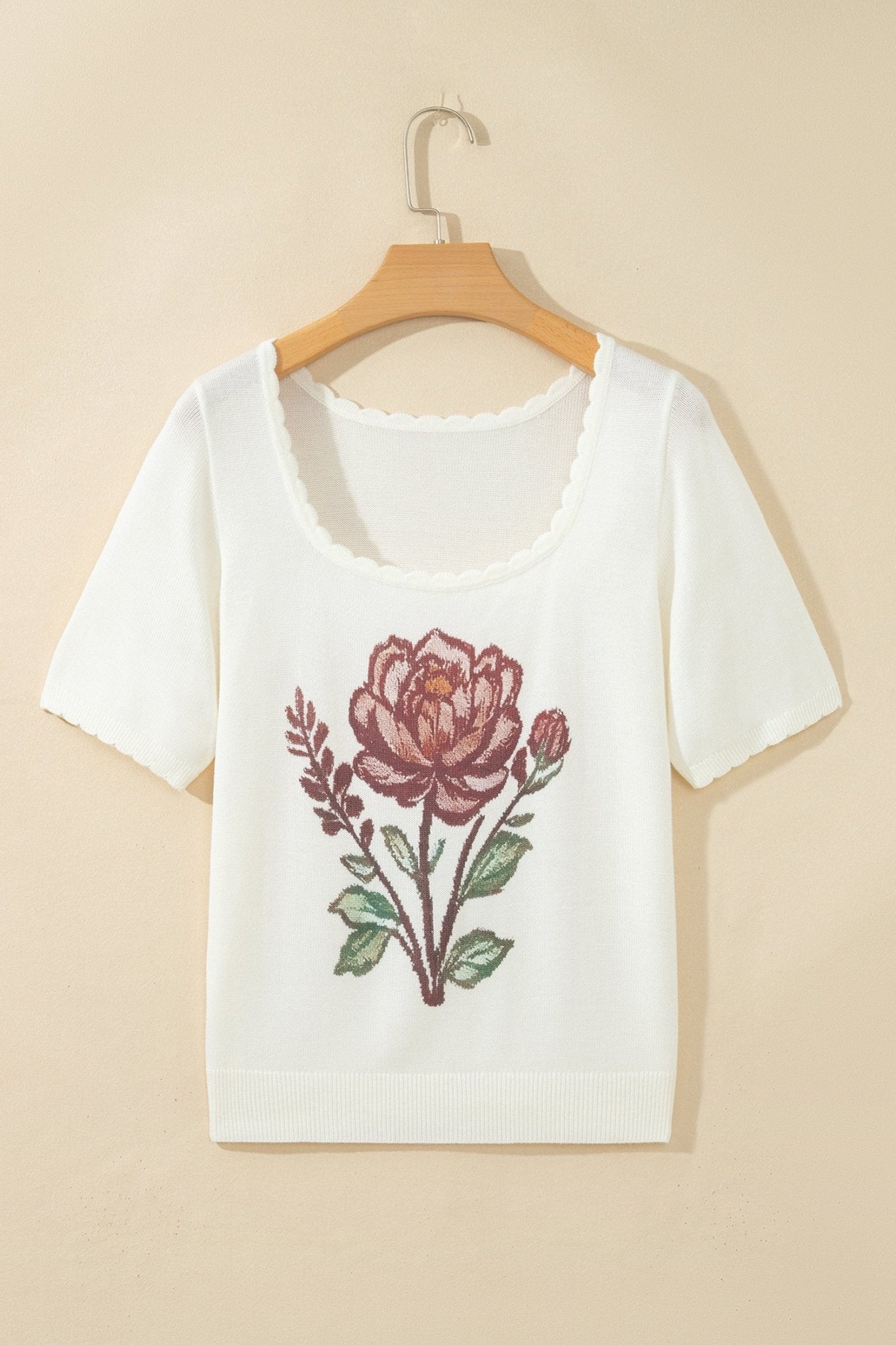 Western Floral Scalloped Square Neck Knit Top - Rooted & Reckless Co.