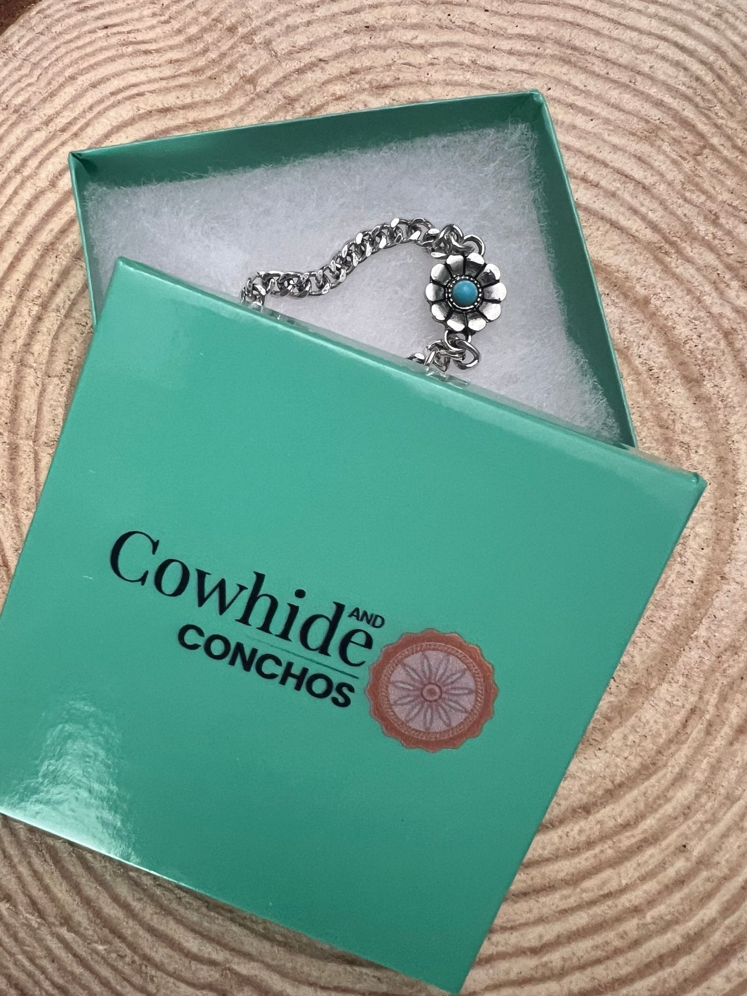 Western Flower & Faux Turquoise Cuban Chain Bracelet — with Extender - Rooted & Reckless Co.