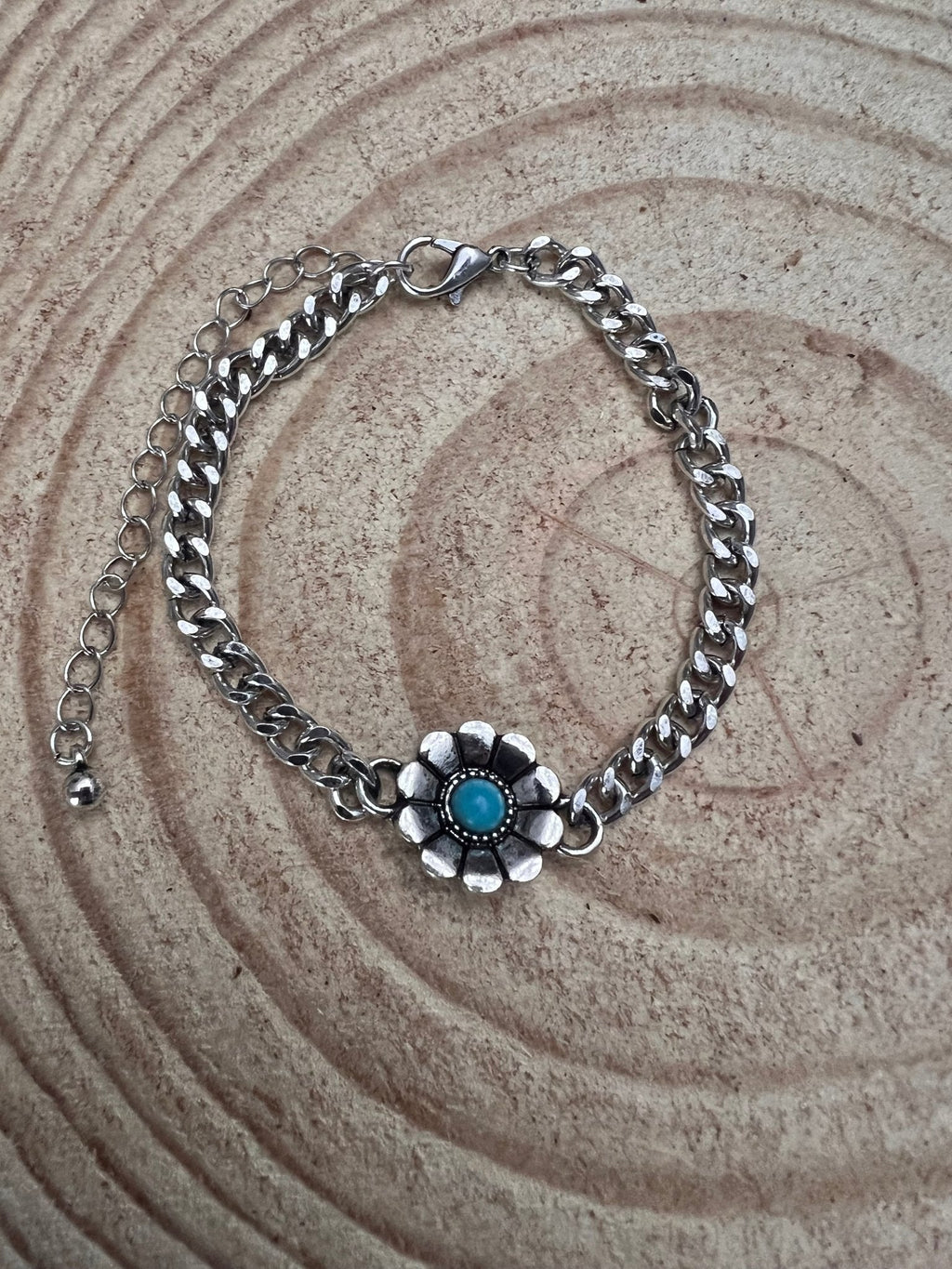 Western Flower & Faux Turquoise Cuban Chain Bracelet — with Extender - Rooted & Reckless Co.