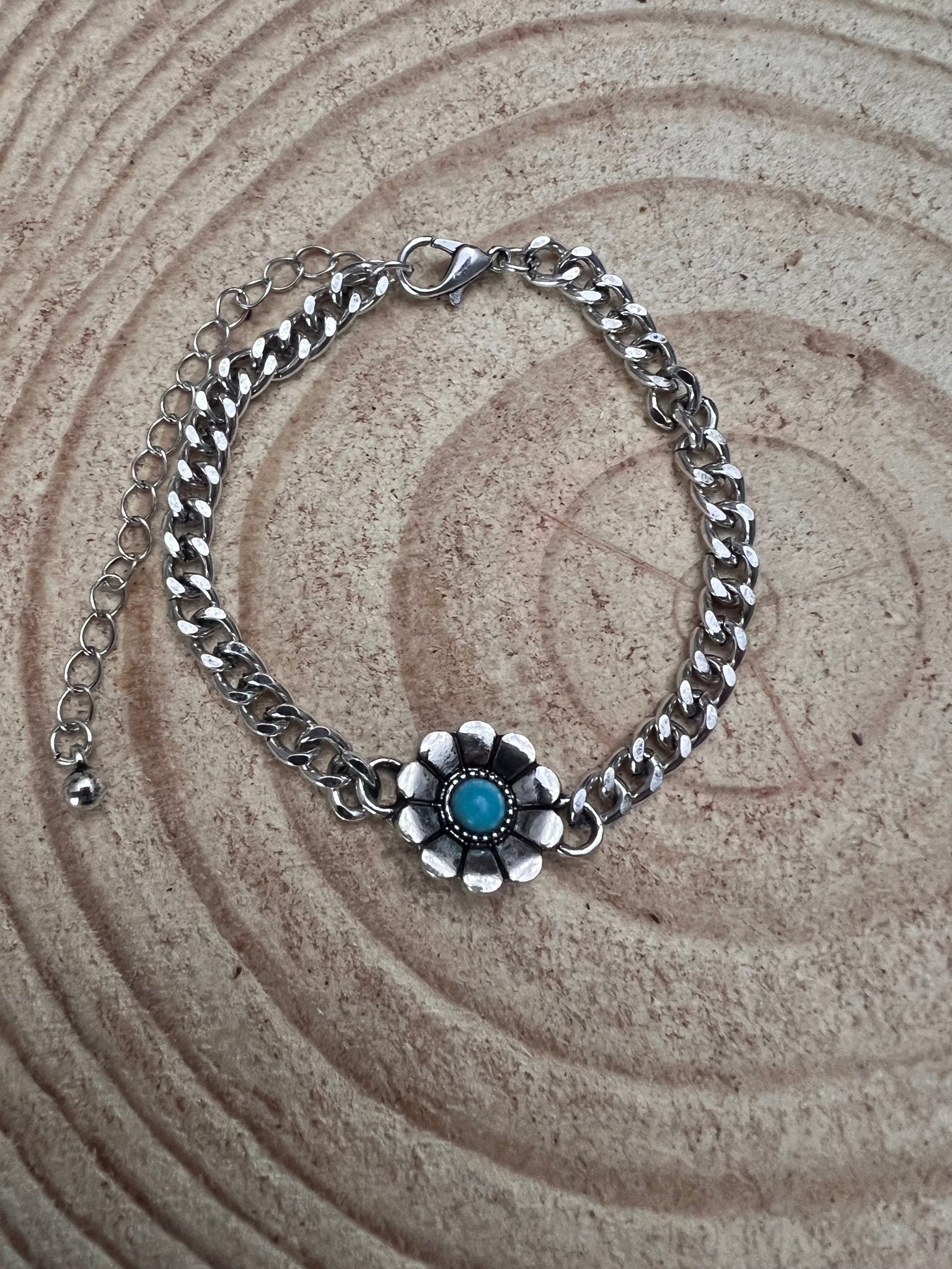 Western Flower & Faux Turquoise Cuban Chain Bracelet — with Extender - Rooted & Reckless Co.