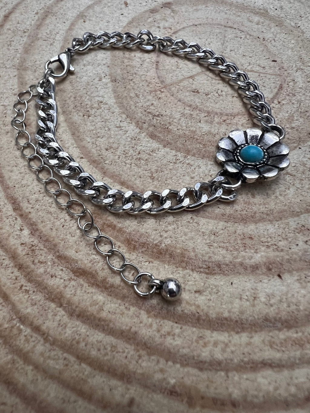 Western Flower & Faux Turquoise Cuban Chain Bracelet — with Extender - Rooted & Reckless Co.