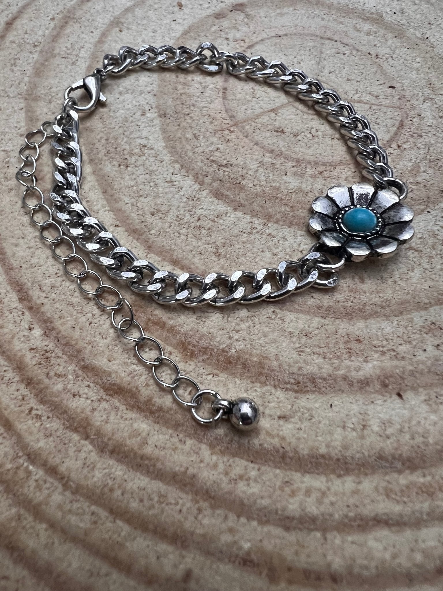 Western Flower & Faux Turquoise Cuban Chain Bracelet — with Extender - Rooted & Reckless Co.