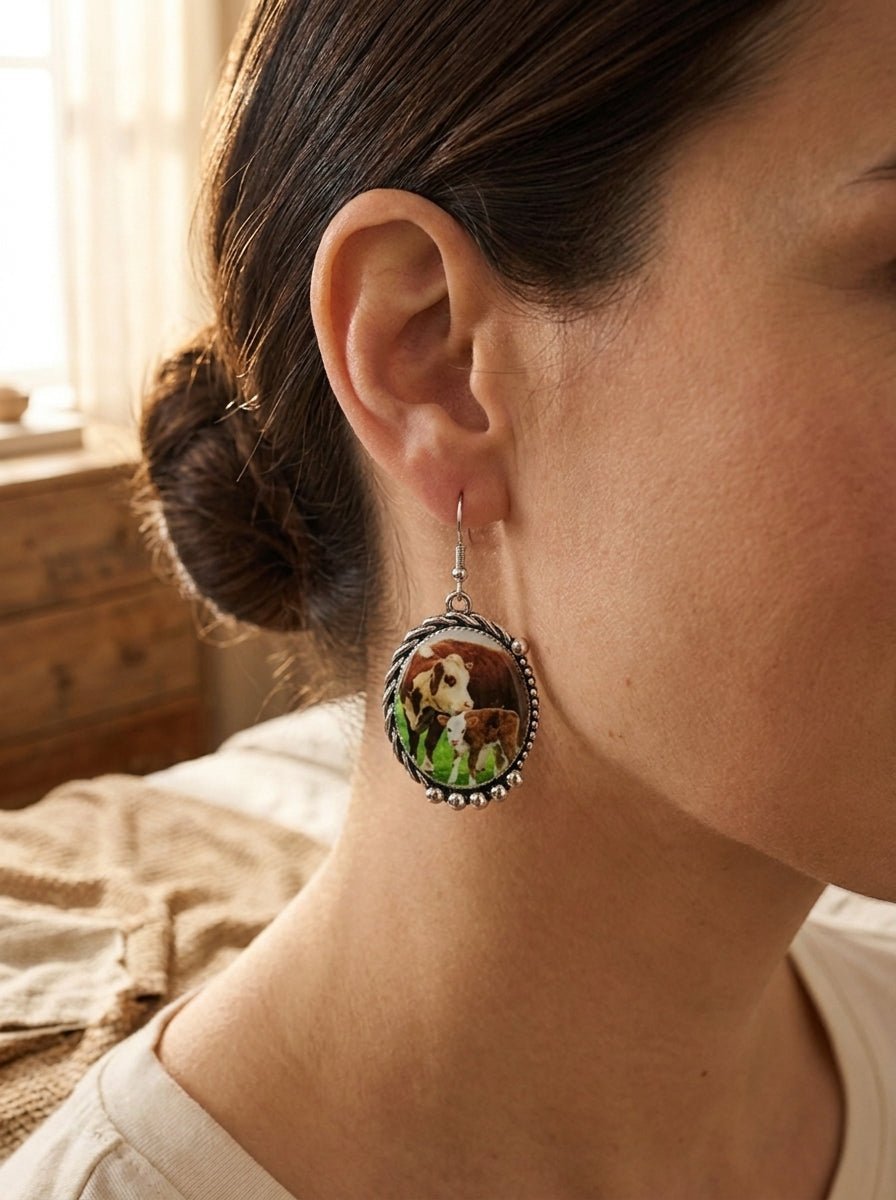 Western Framed Cow Calf Fashion Earrings — Ranch Life Statement (1½" x 1") - Rooted & Reckless Co.