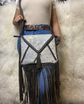 Western Fringe Cowhide Crossbody Bag — 100% Natural Hide with Acid Wash Gold Leather Rope Strap (11") - Rooted & Reckless Co.