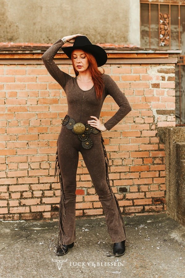 Western Fringe Mineral Wash Flare Jumpsuit - Dark Brown - Rooted & Reckless Co.