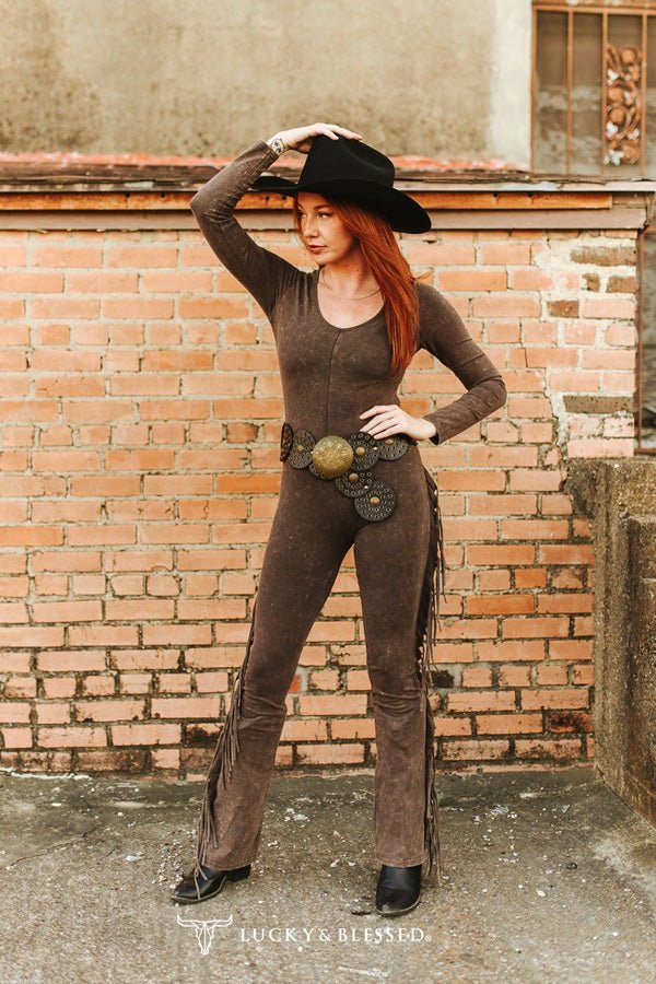 Western Fringe Mineral Wash Flare Jumpsuit - Dark Brown - Rooted & Reckless Co.
