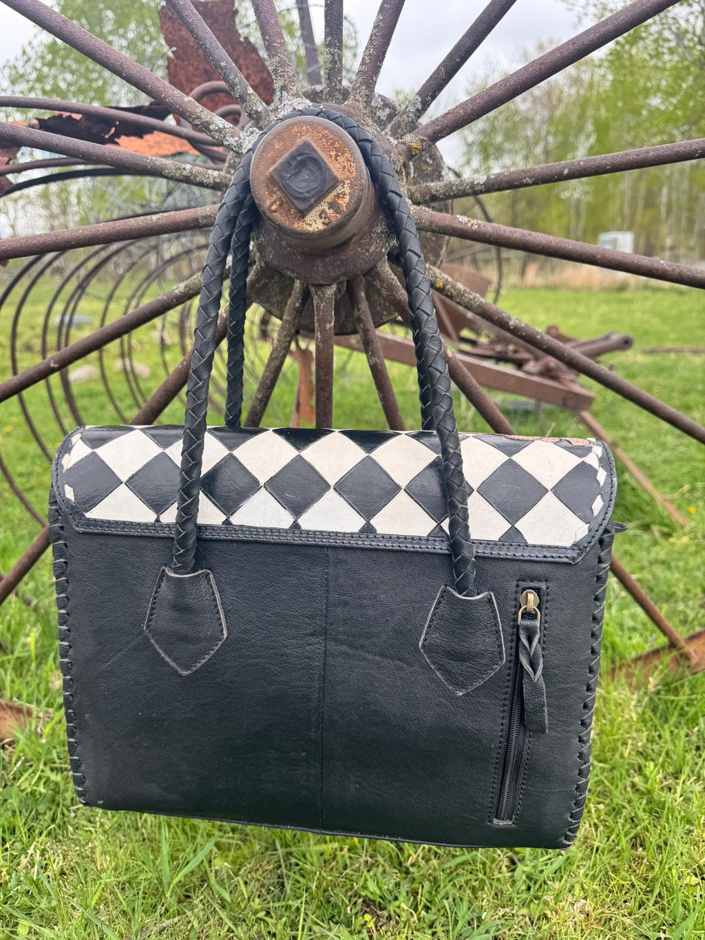 Western Genuine Leather Checkered Handbag by Double B - Rooted & Reckless Co.