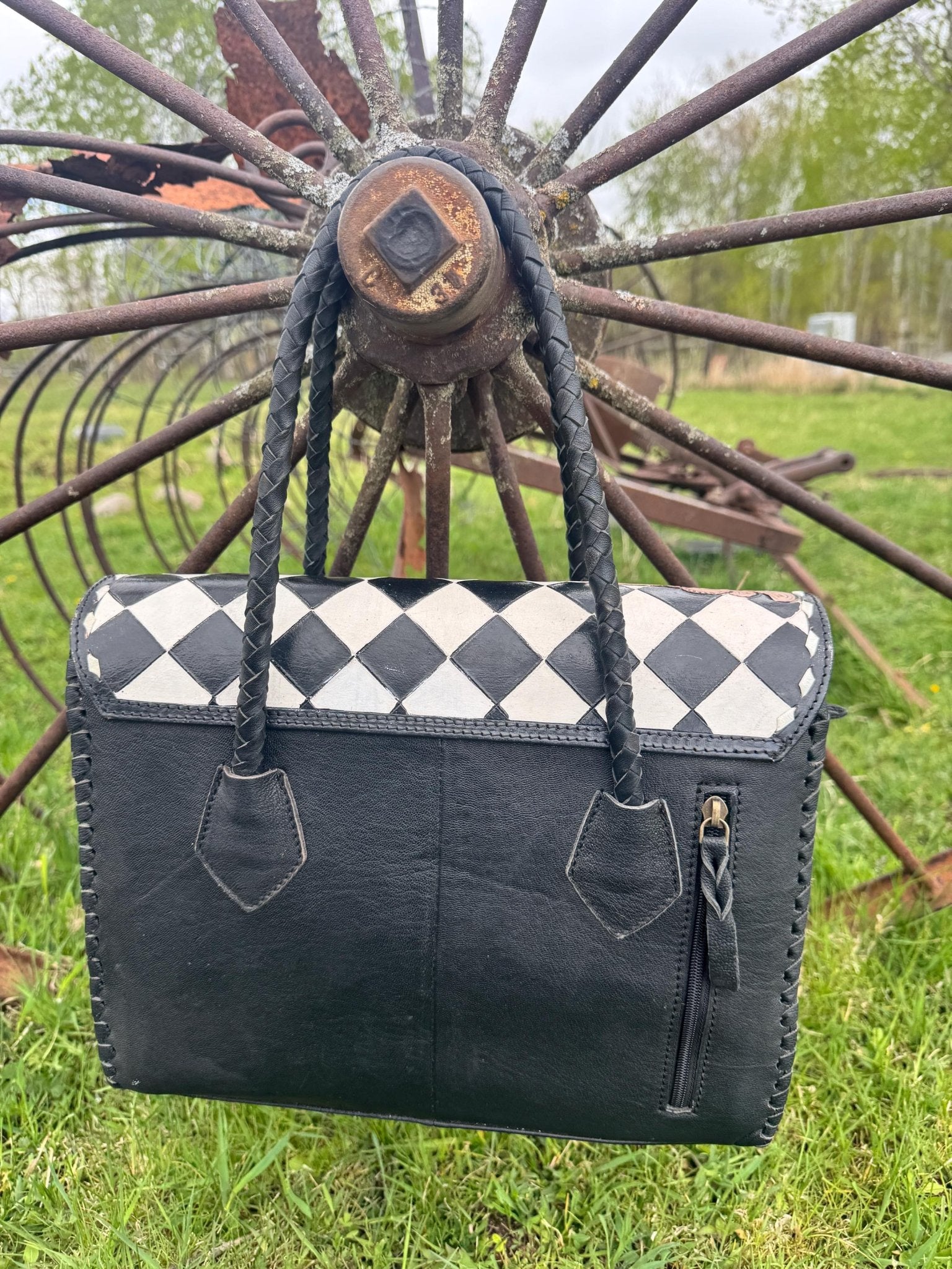 Western Genuine Leather Checkered Handbag by Double B - Rooted & Reckless Co.
