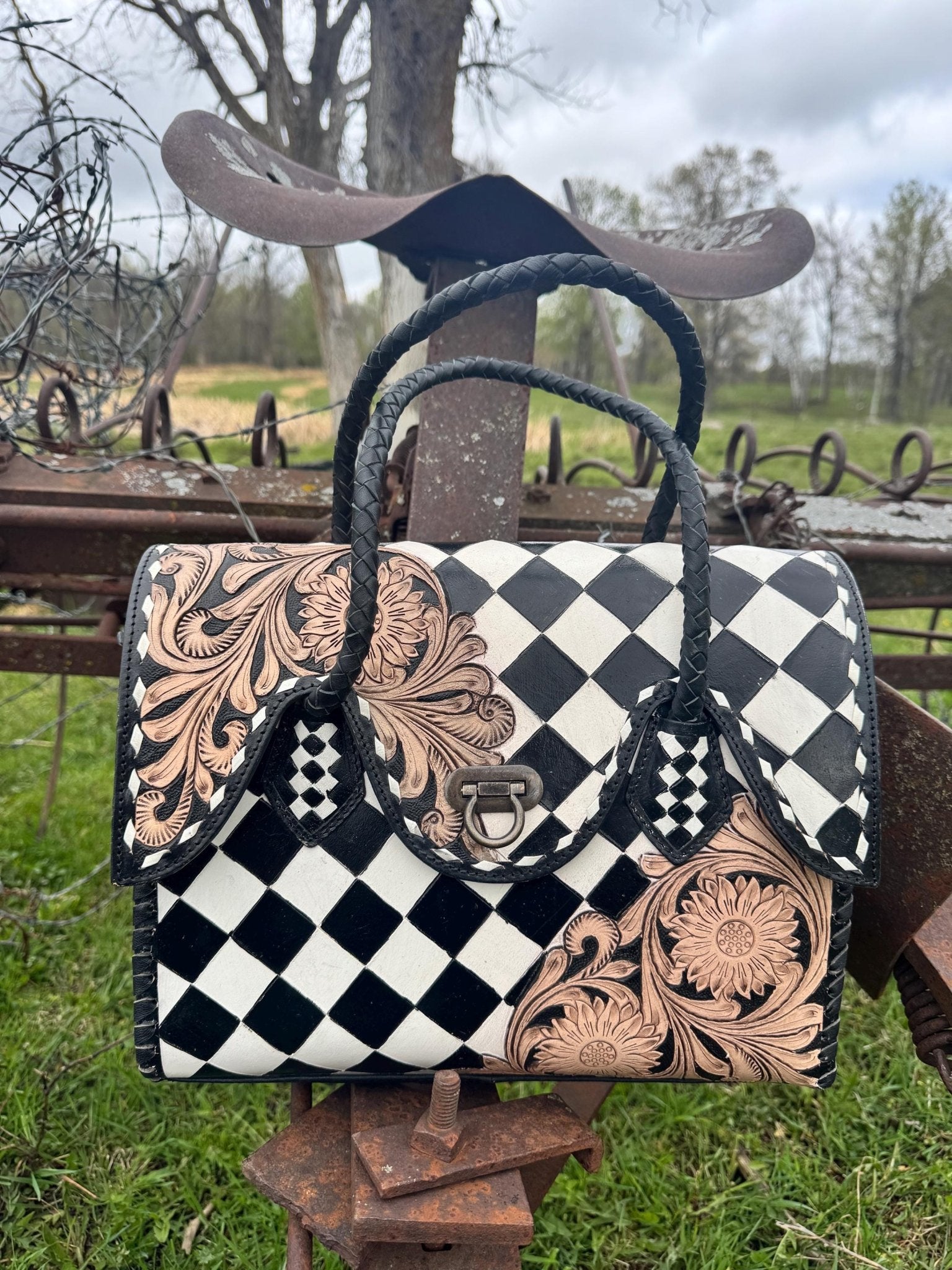 Western Genuine Leather Checkered Handbag by Double B - Rooted & Reckless Co.