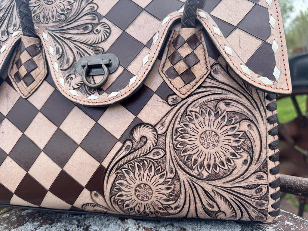 Western Genuine Leather Checkered Handbag by Double B - Rooted & Reckless Co.