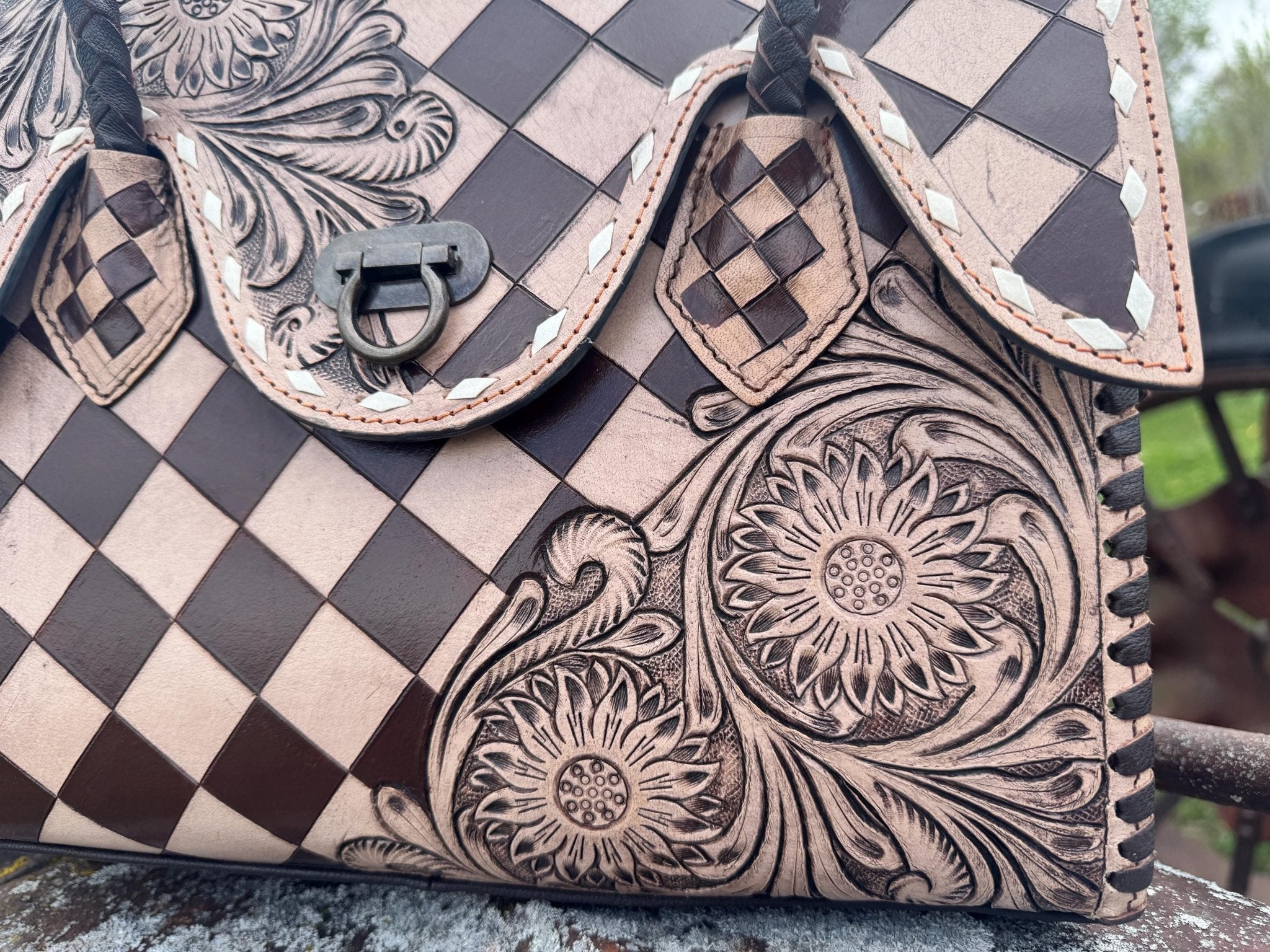 Western Genuine Leather Checkered Handbag by Double B - Rooted & Reckless Co.