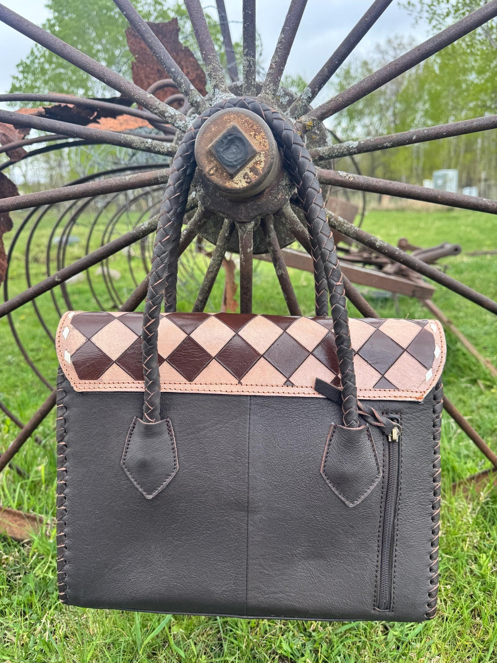 Western Genuine Leather Checkered Handbag by Double B - Rooted & Reckless Co.