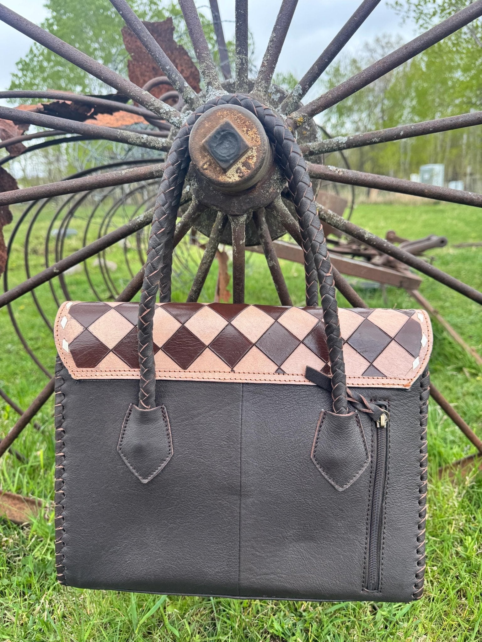 Western Genuine Leather Checkered Handbag by Double B - Rooted & Reckless Co.