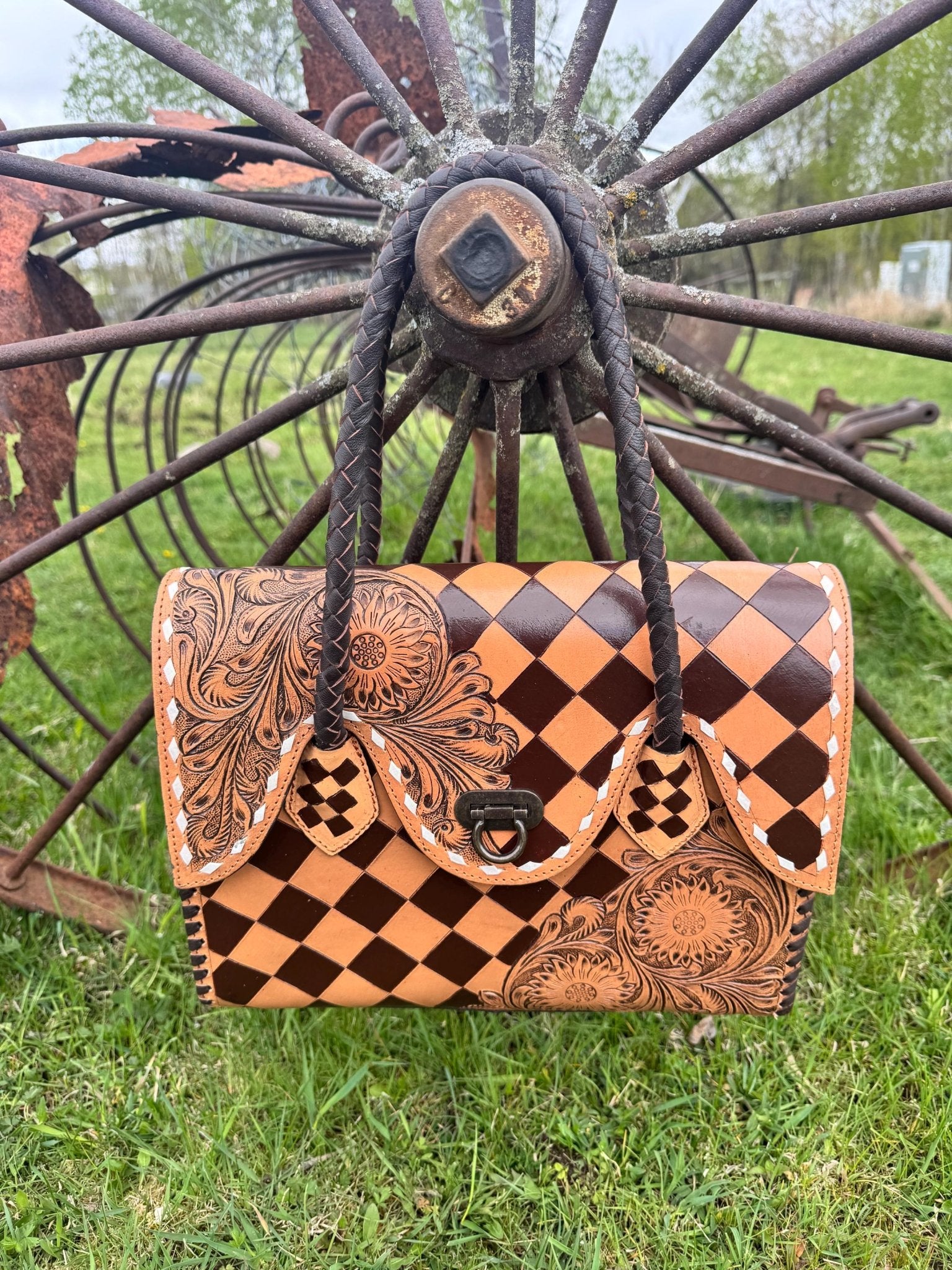 Western Genuine Leather Checkered Handbag by Double B - Rooted & Reckless Co.