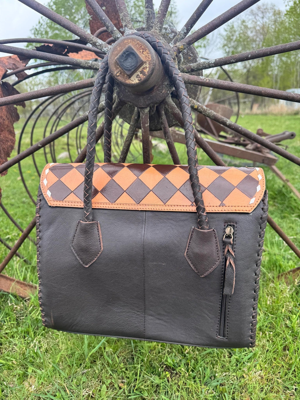Western Genuine Leather Checkered Handbag by Double B - Rooted & Reckless Co.