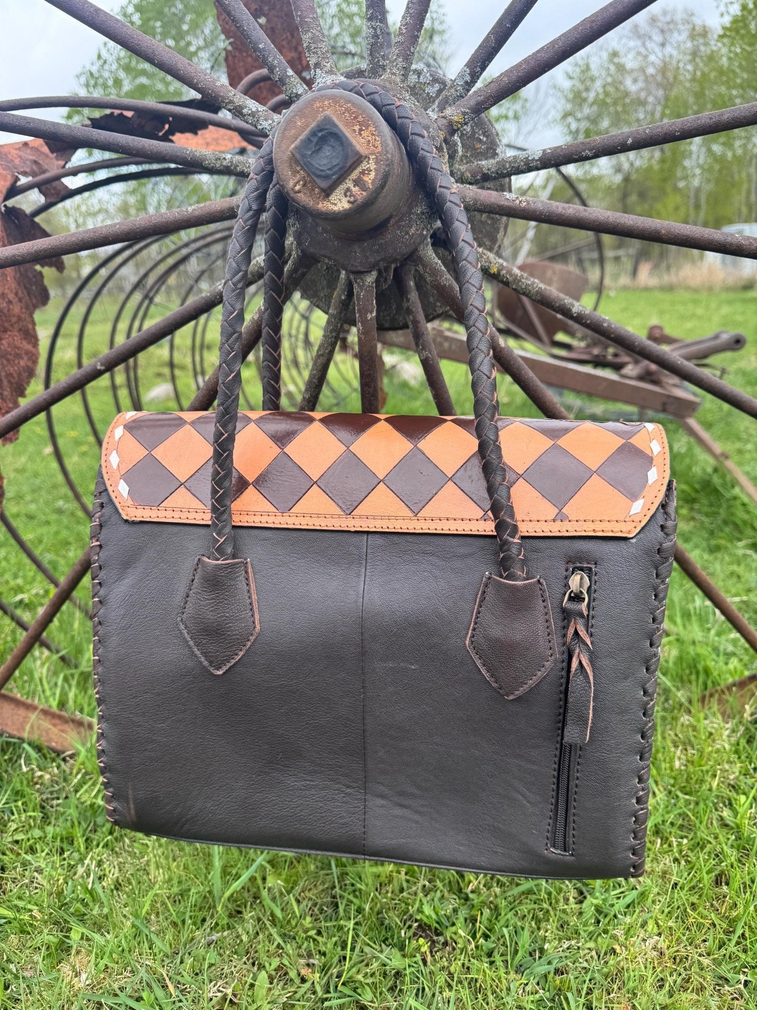 Western Genuine Leather Checkered Handbag by Double B - Rooted & Reckless Co.