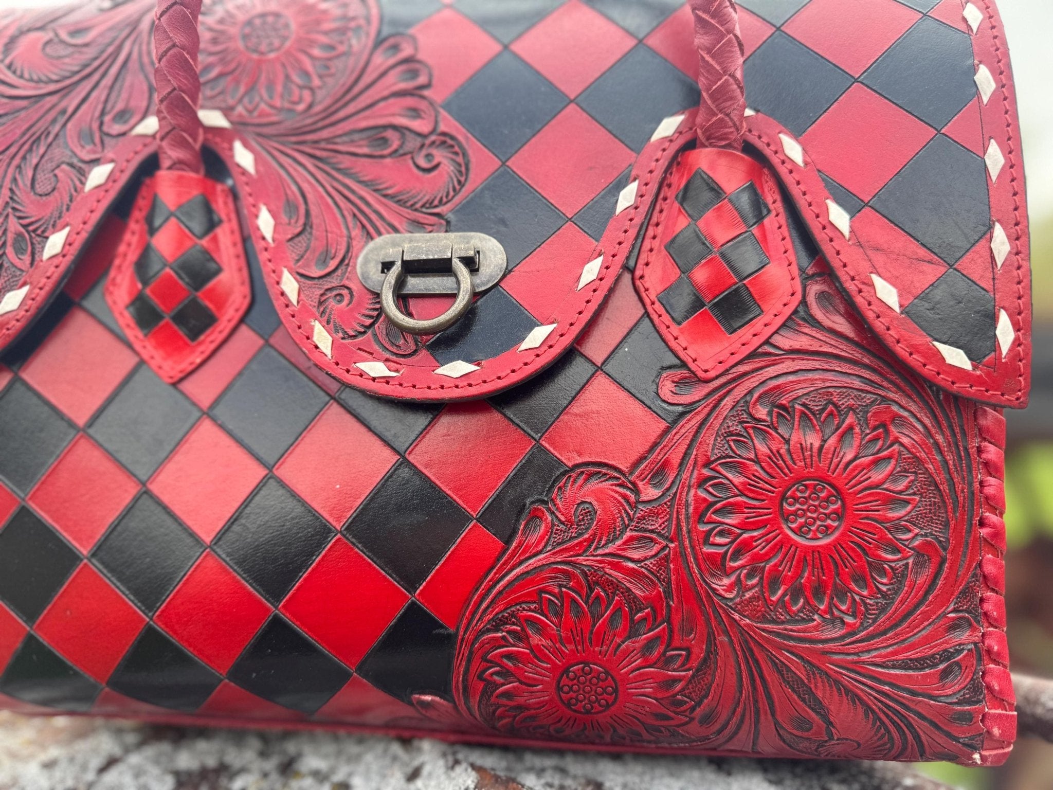 Western Genuine Leather Checkered Handbag by Double B - Rooted & Reckless Co.