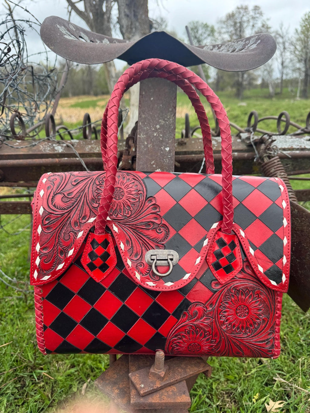 Western Genuine Leather Checkered Handbag by Double B - Rooted & Reckless Co.