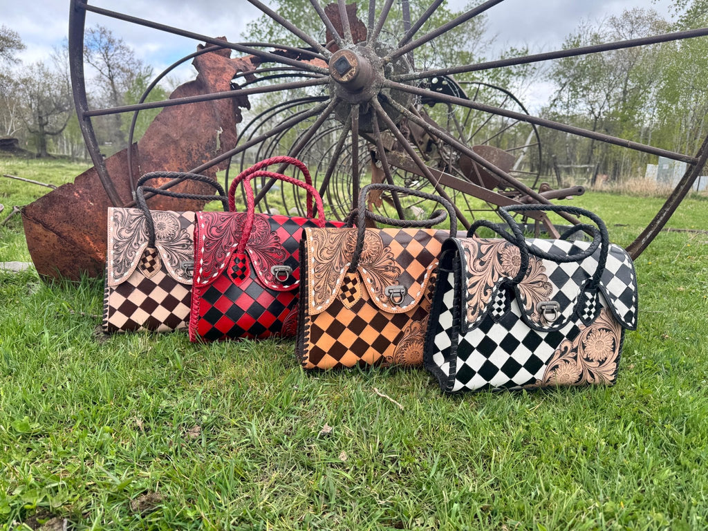 Western Genuine Leather Checkered Handbag by Double B - Rooted & Reckless Co.