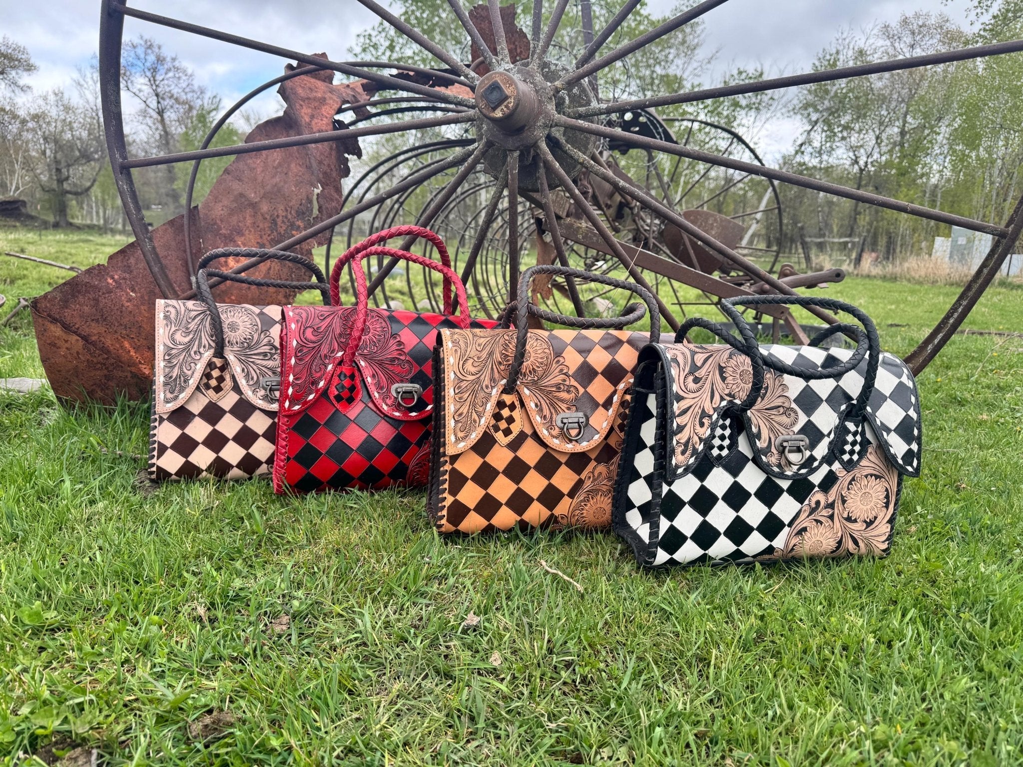 Western Genuine Leather Checkered Handbag by Double B - Rooted & Reckless Co.