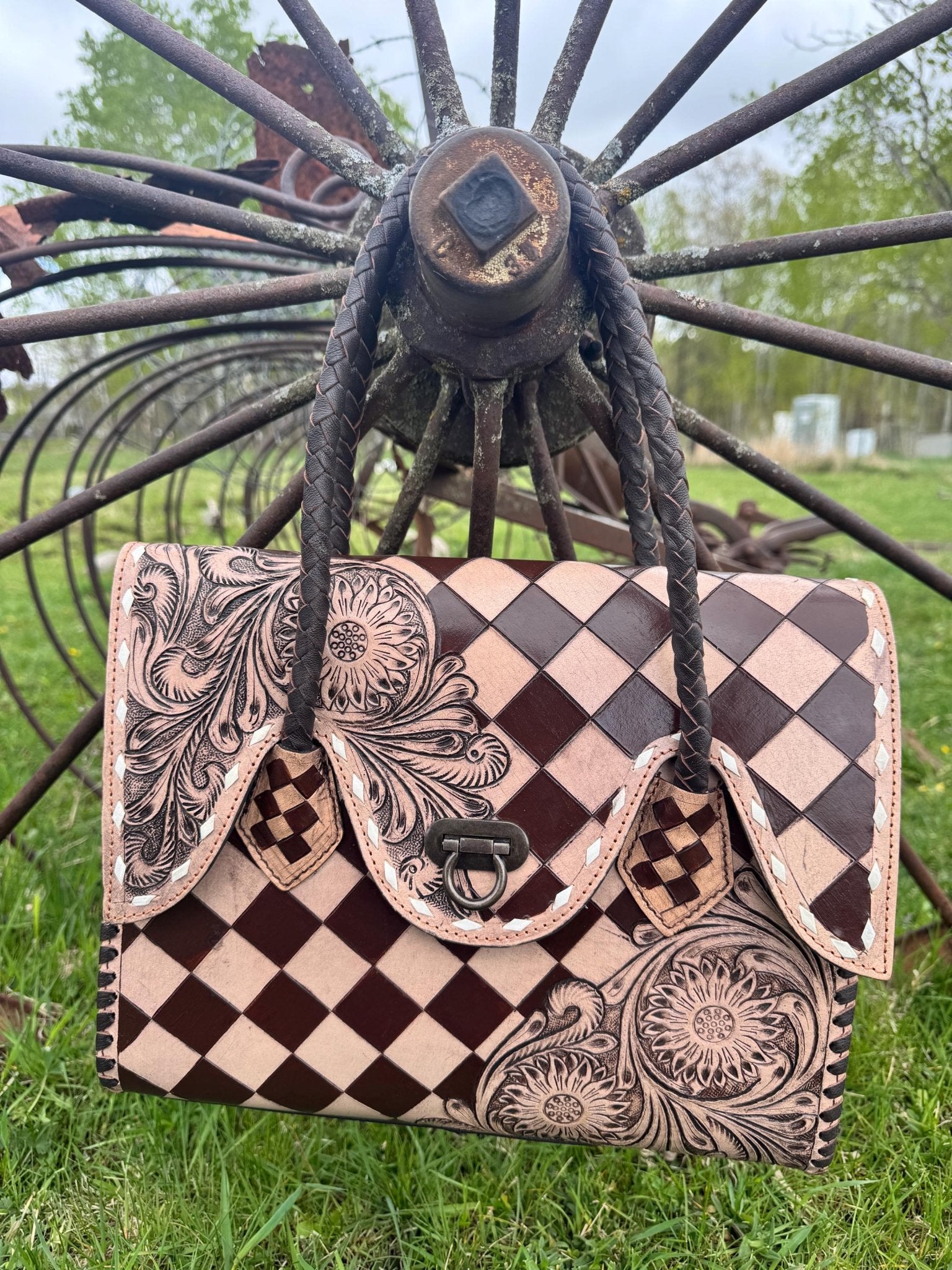 Western Genuine Leather Checkered Handbag by Double B - Rooted & Reckless Co.
