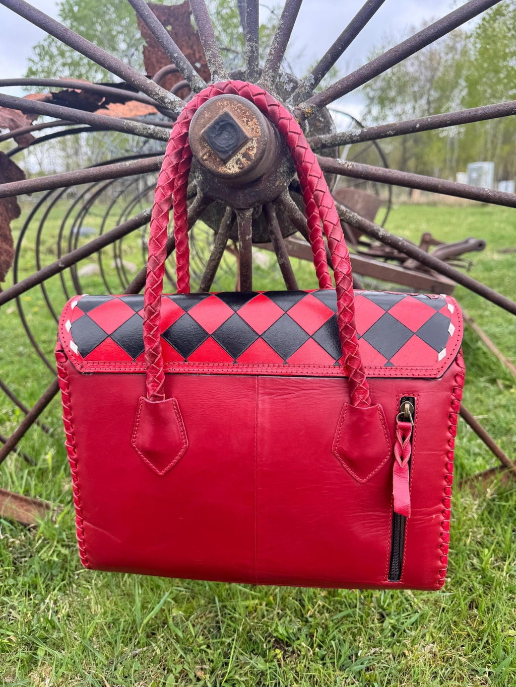 Western Genuine Leather Checkered Handbag by Double B - Rooted & Reckless Co.