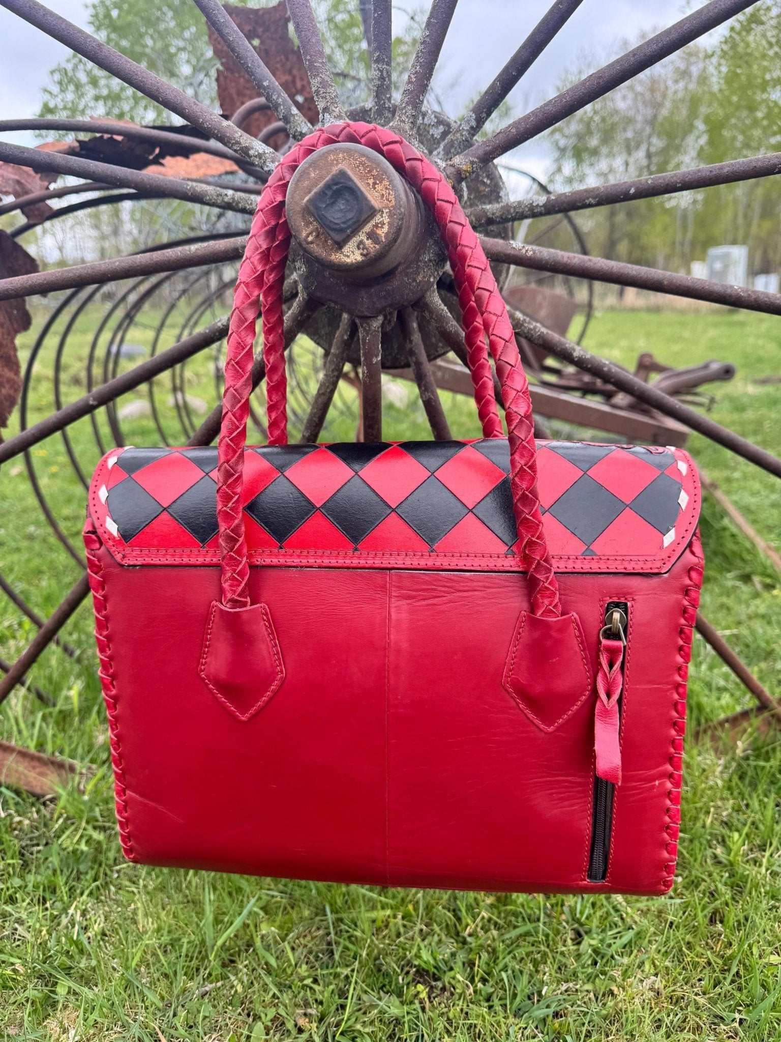 Western Genuine Leather Checkered Handbag by Double B - Rooted & Reckless Co.