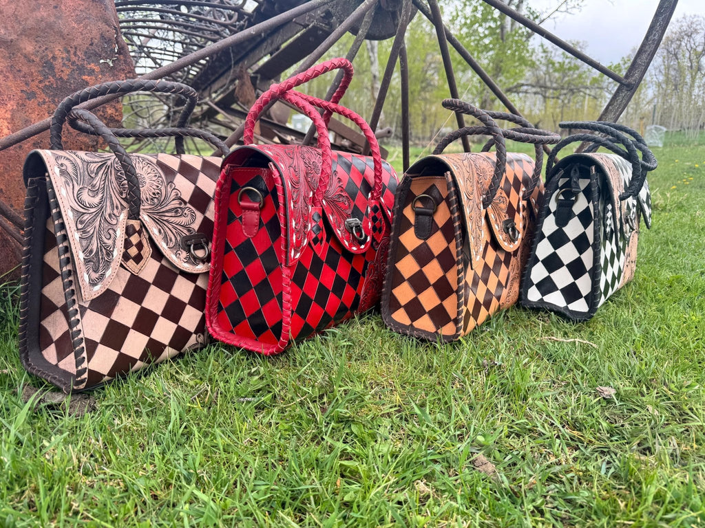 Western Genuine Leather Checkered Handbag by Double B - Rooted & Reckless Co.