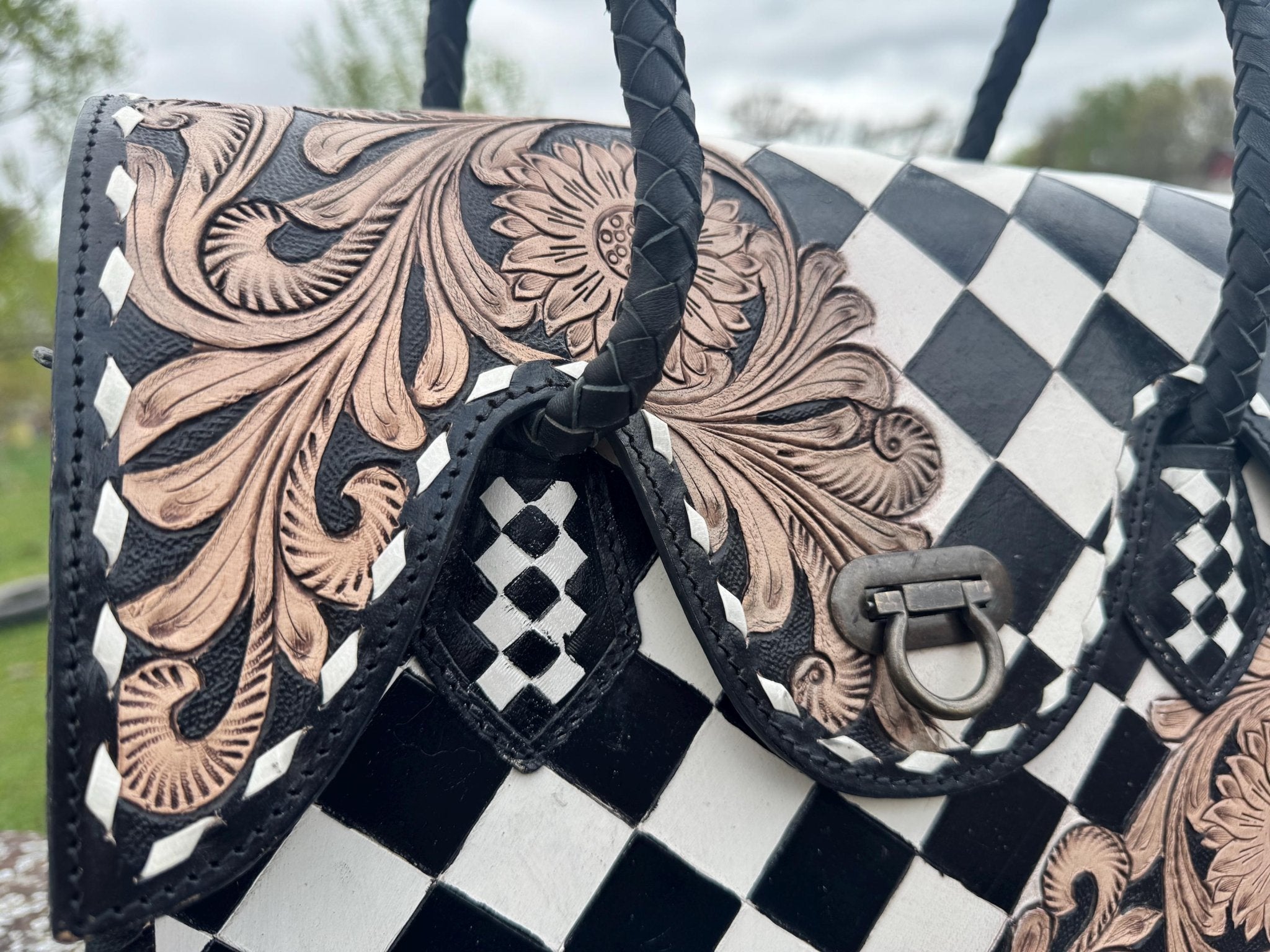 Western Genuine Leather Checkered Handbag by Double B - Rooted & Reckless Co.