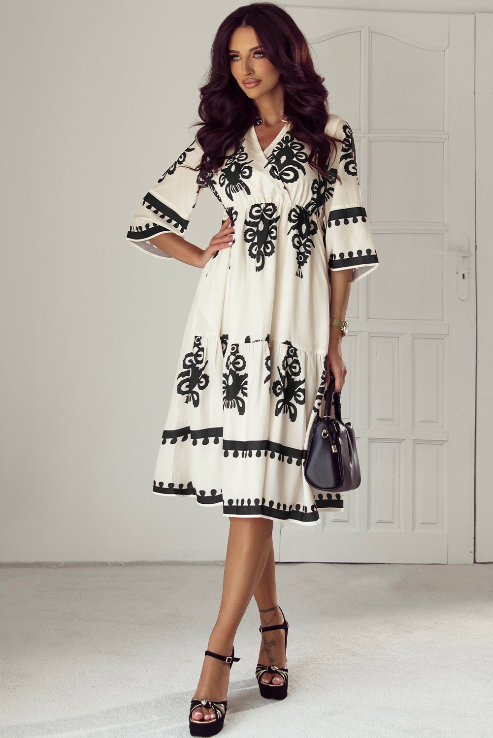 Western Geometric 3/4 Sleeve Midi Dress - Rooted & Reckless Co.
