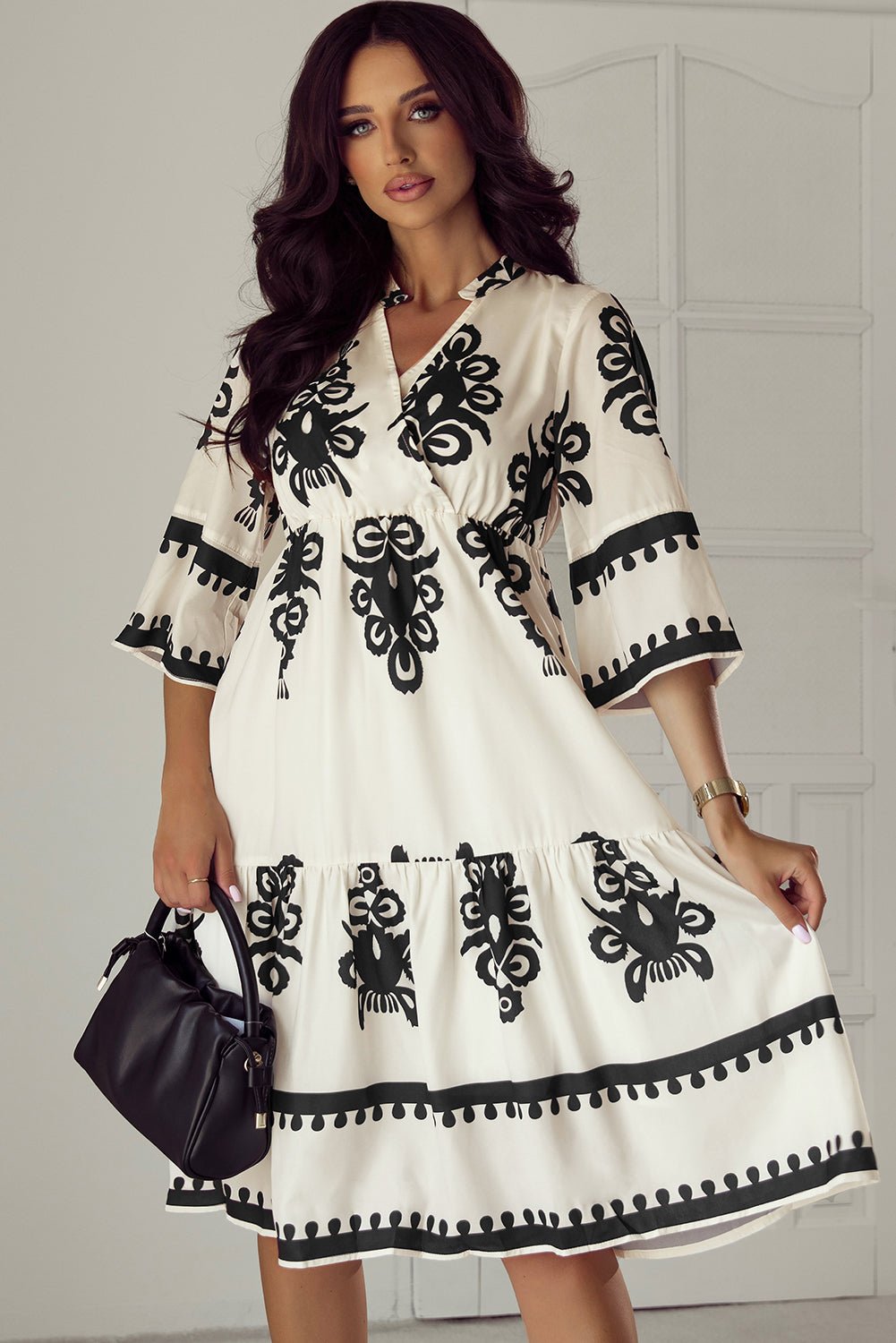 Western Geometric 3/4 Sleeve Midi Dress - Rooted & Reckless Co.