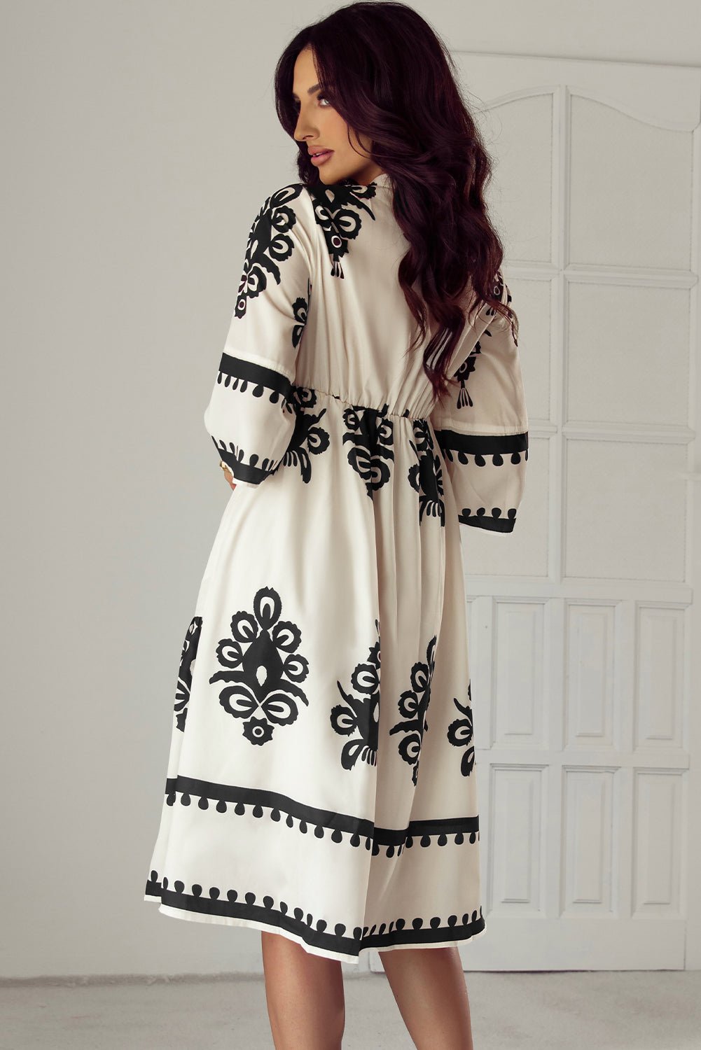 Western Geometric 3/4 Sleeve Midi Dress - Rooted & Reckless Co.