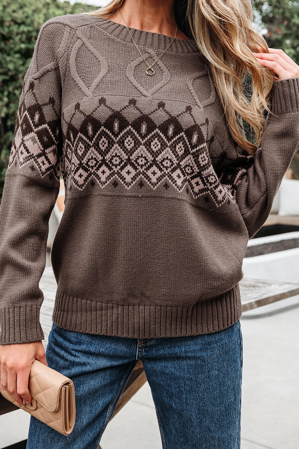 Western Geometric Knit Crew Neck Sweater - Rooted & Reckless Co.