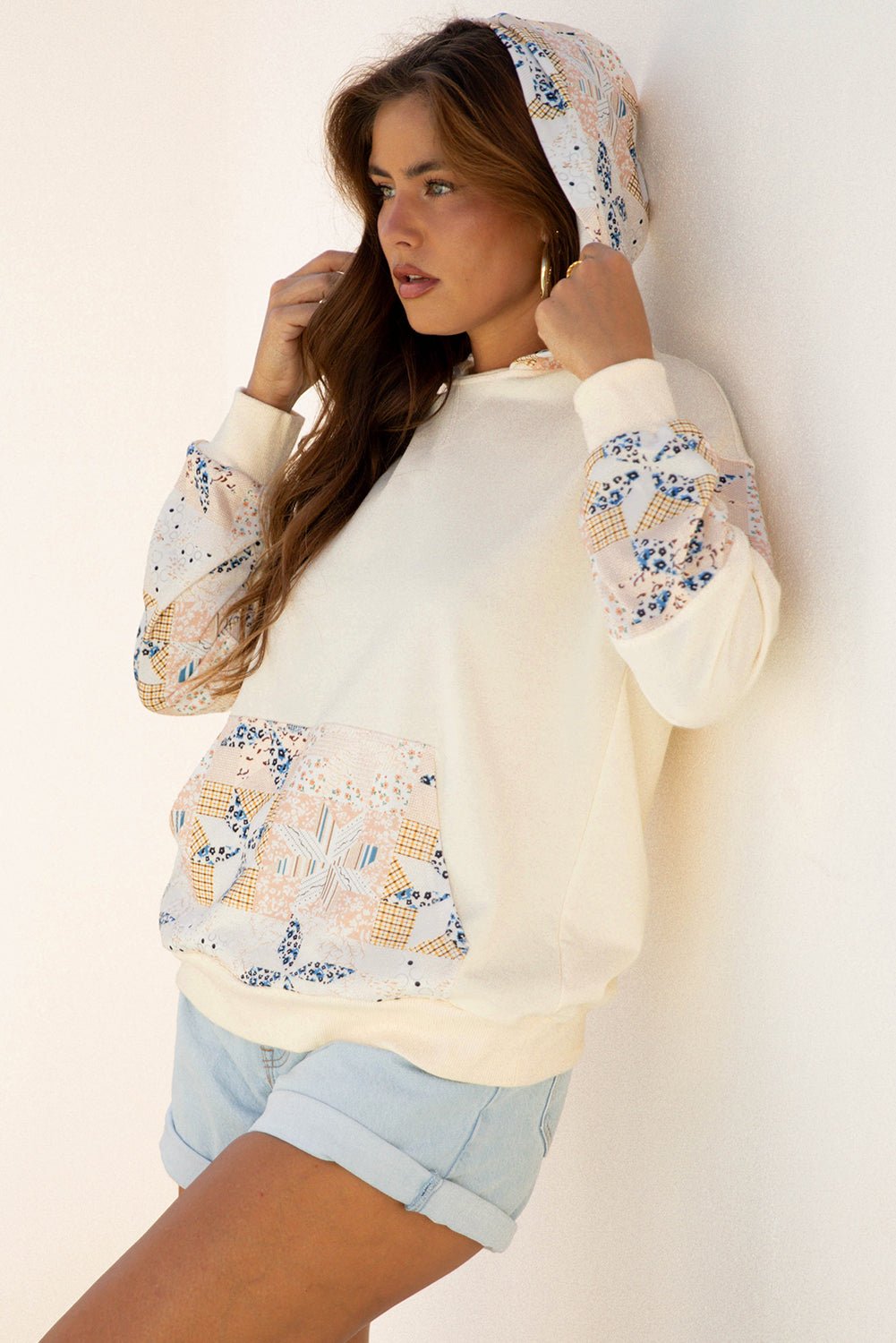 Western Geometric Patchwork Kangaroo Pocket Hoodie - Rooted & Reckless Co.