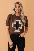 Western Geometric Short Sleeve Sweater Knit Top - Rooted & Reckless Co.