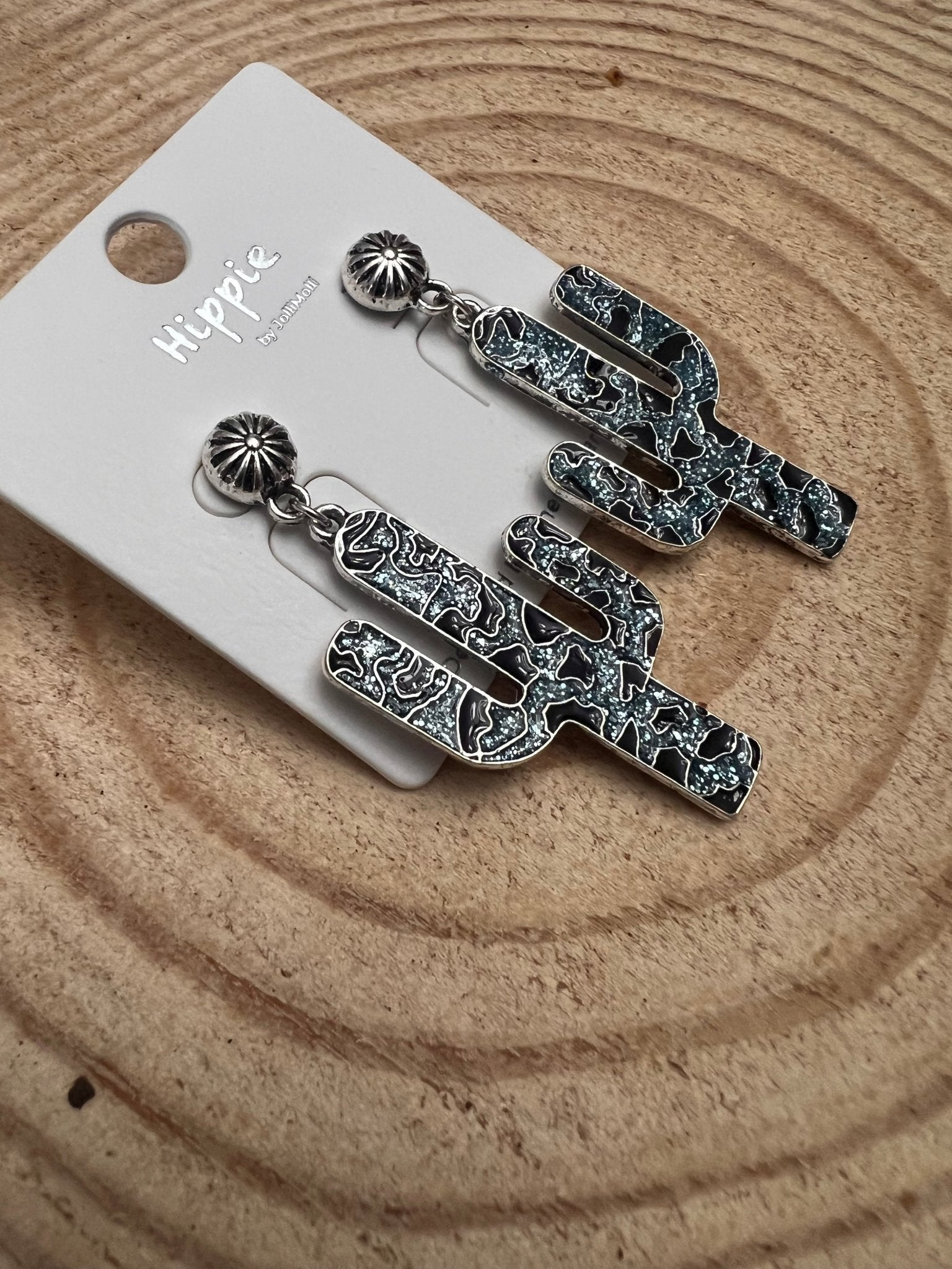 Western Glitter Enamel Cactus Dangle Earrings — Playful 2½" Drop - Rooted & Reckless Co.