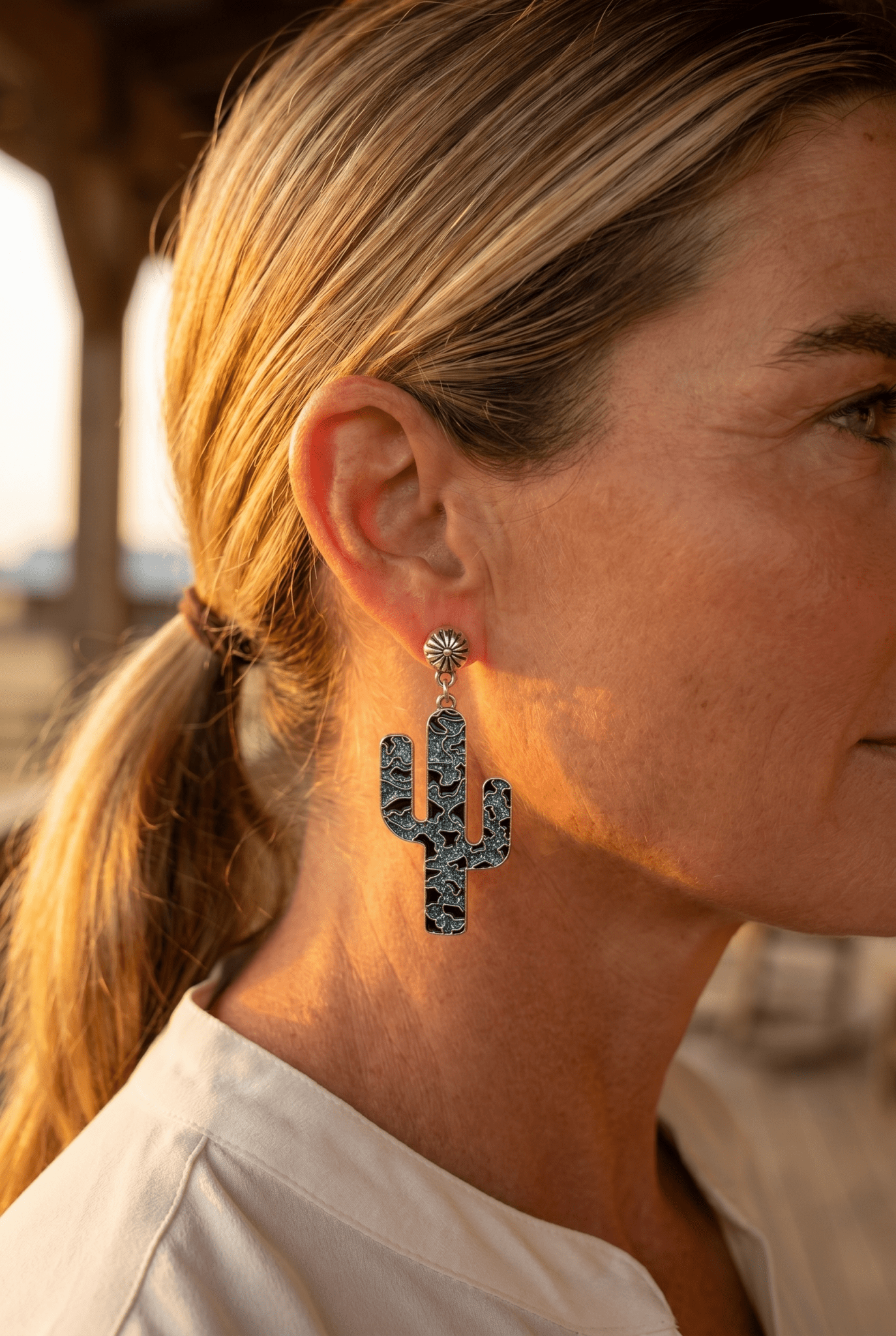 Western Glitter Enamel Cactus Dangle Earrings — Playful 2½" Drop - Rooted & Reckless Co.