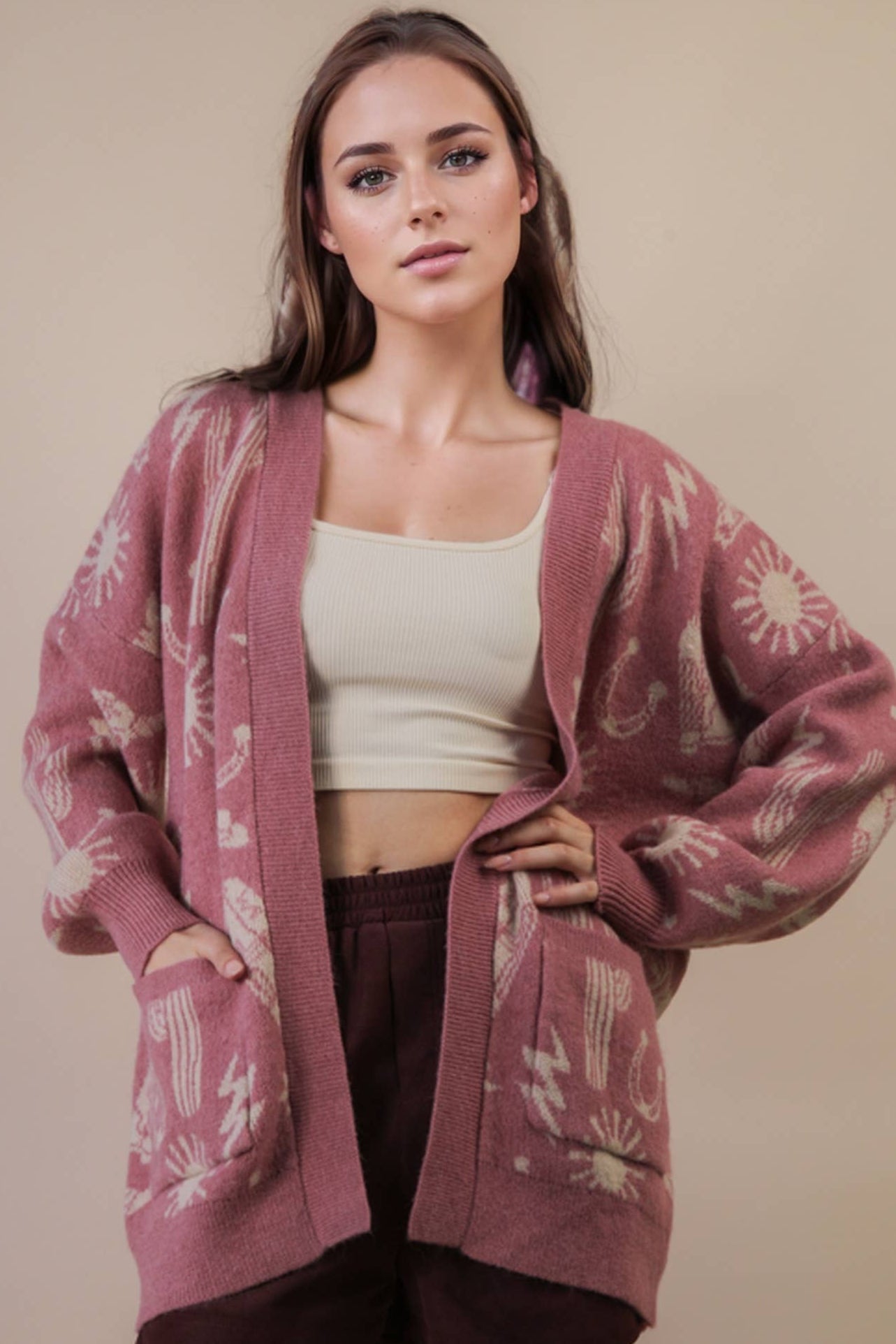 Western Graphic Knit Sweater Cardigan - Mauve - Rooted & Reckless Co.