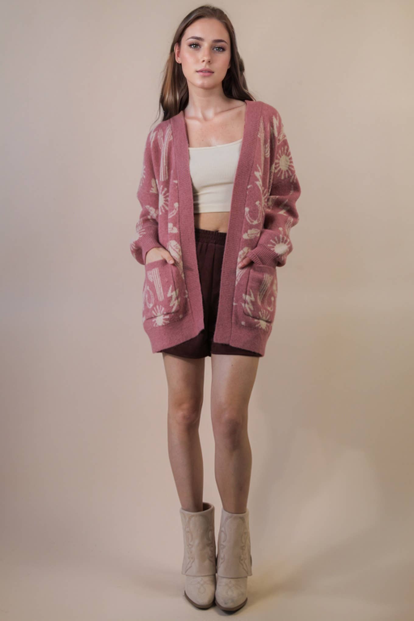 Western Graphic Knit Sweater Cardigan - Mauve - Rooted & Reckless Co.