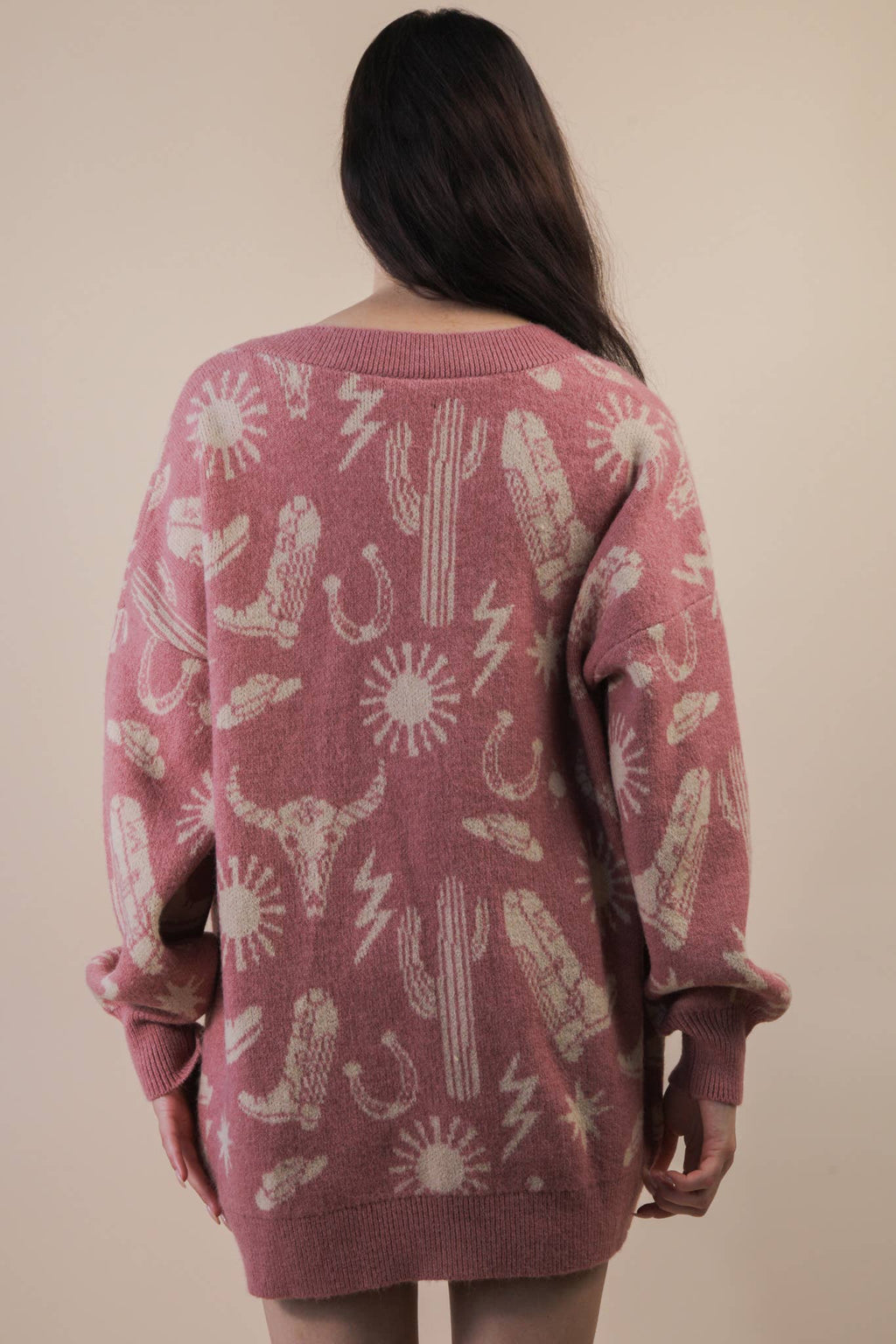 Western Graphic Knit Sweater Cardigan - Mauve - Rooted & Reckless Co.