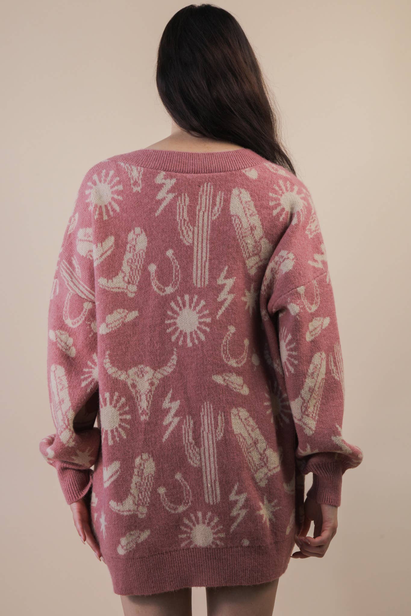 Western Graphic Knit Sweater Cardigan - Mauve - Rooted & Reckless Co.
